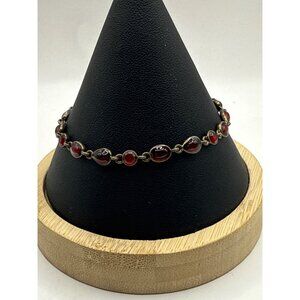 Vintage Red Glass & Brass Oval Link Bracelet With Clasp Closure